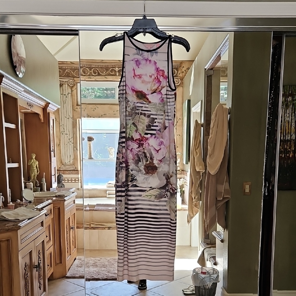 Ted Baker London Laya Pure Peony Floral Striped Midi Dress - Pink/Cream - S
